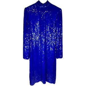 SCARLET RAGE Women's Vintage Blue Sequin Silk High Neck Sheath Dress Large